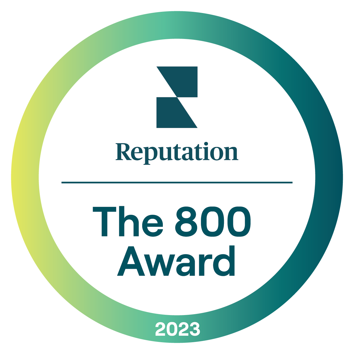 The 800 Award badge for Reputation in the year 2023, awarded to Ivy Point Kingwood's senior living community.